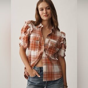 NWOT The Ozzi Plaid Ruffle-Sleeve Buttondown Shirt by Pilcro in Size L